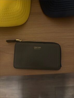 Tom Ford Brown Pebbled Leather Zip Card Case with Gold Hardware